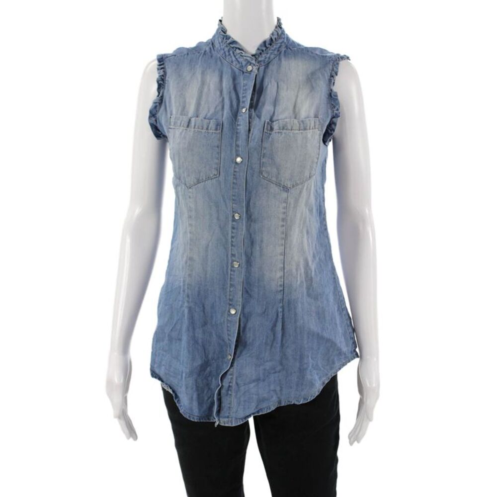 Baci Women Bohemian Sleeveless High Neck Button Up Blue Tencel Top Size S